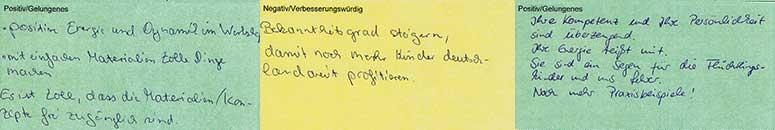Kärtchen mit Bewertungen des Workshops
