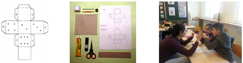 Zeichnung, Material-Bild und Kinder mit Lehrerin beim Ausprobieren