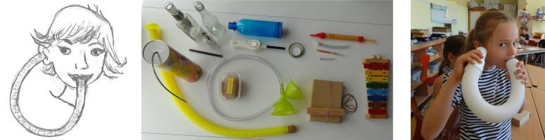 Grafik, Materialien und Kind mit Versuch